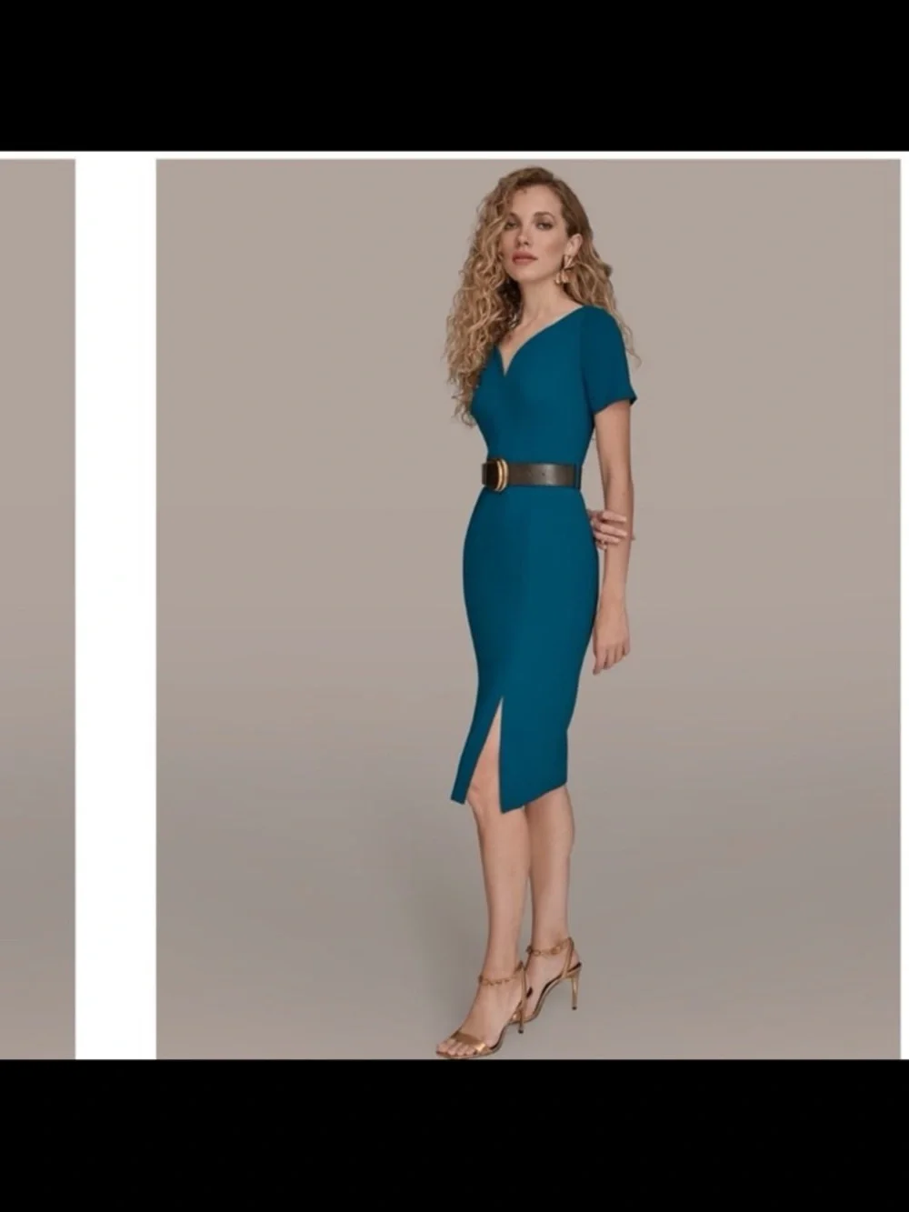 Donna Karan Teal V-Neck Midi Sheath Dress with Front Slits
